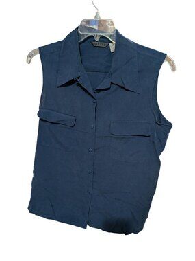 Utility Womens Sleeveless Navy Silk Button-Up Blouse XL